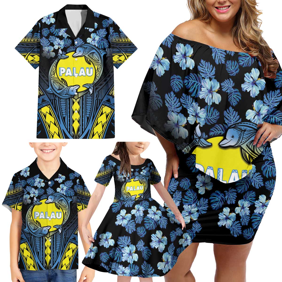 Personalised Palau Family Matching Off Shoulder Short Dress and Hawaiian Shirt Polynesian Dolphin Tropical Hibiscus Style