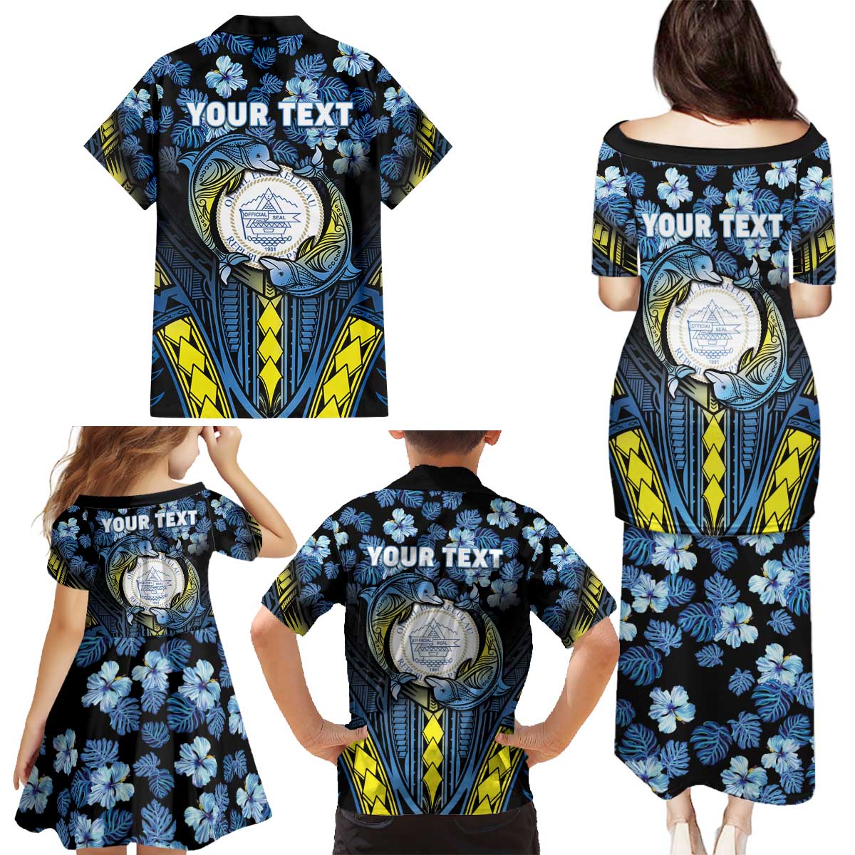 Personalised Palau Family Matching Puletasi and Hawaiian Shirt Polynesian Dolphin Tropical Hibiscus Style