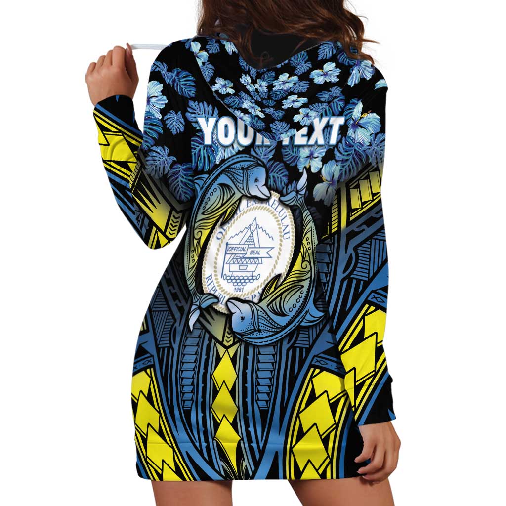 Personalised Palau Hoodie Dress Polynesian Dolphin Tropical Hibiscus Style