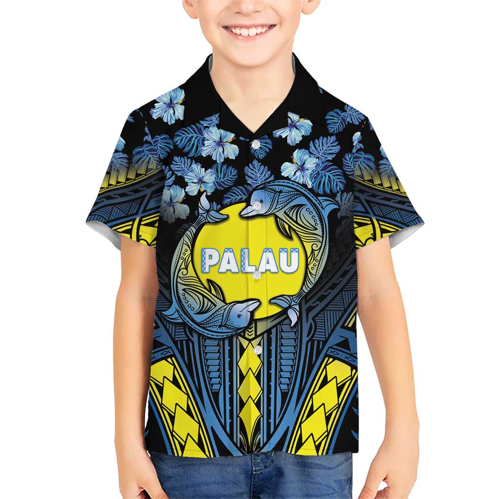 Personalised Palau Kid Hawaiian Shirt Polynesian Dolphin Tropical Hibiscus Style