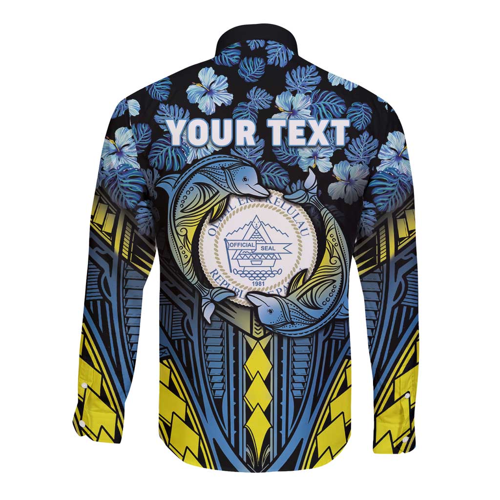 Personalised Palau Long Sleeve Button Shirt Polynesian Dolphin Tropical Hibiscus Style