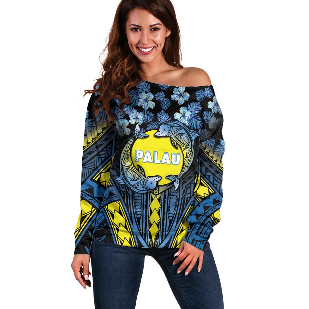 Personalised Palau Off Shoulder Sweater Polynesian Dolphin Tropical Hibiscus Style