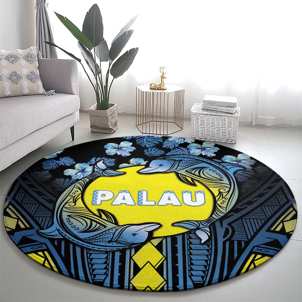 Palau Round Carpet Polynesian Dolphin Tropical Hibiscus Style