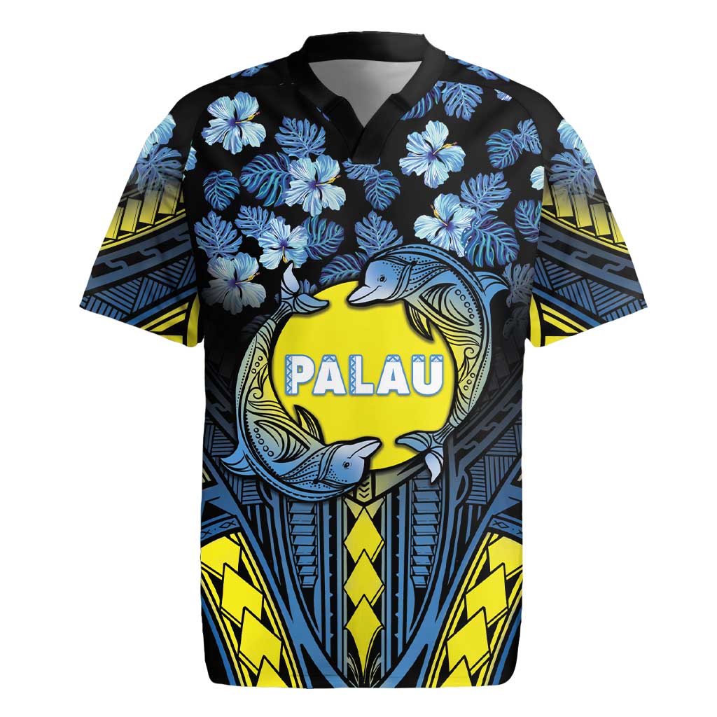 Personalised Palau Rugby Jersey Polynesian Dolphin Tropical Hibiscus Style