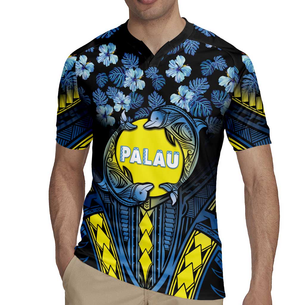 Personalised Palau Rugby Jersey Polynesian Dolphin Tropical Hibiscus Style