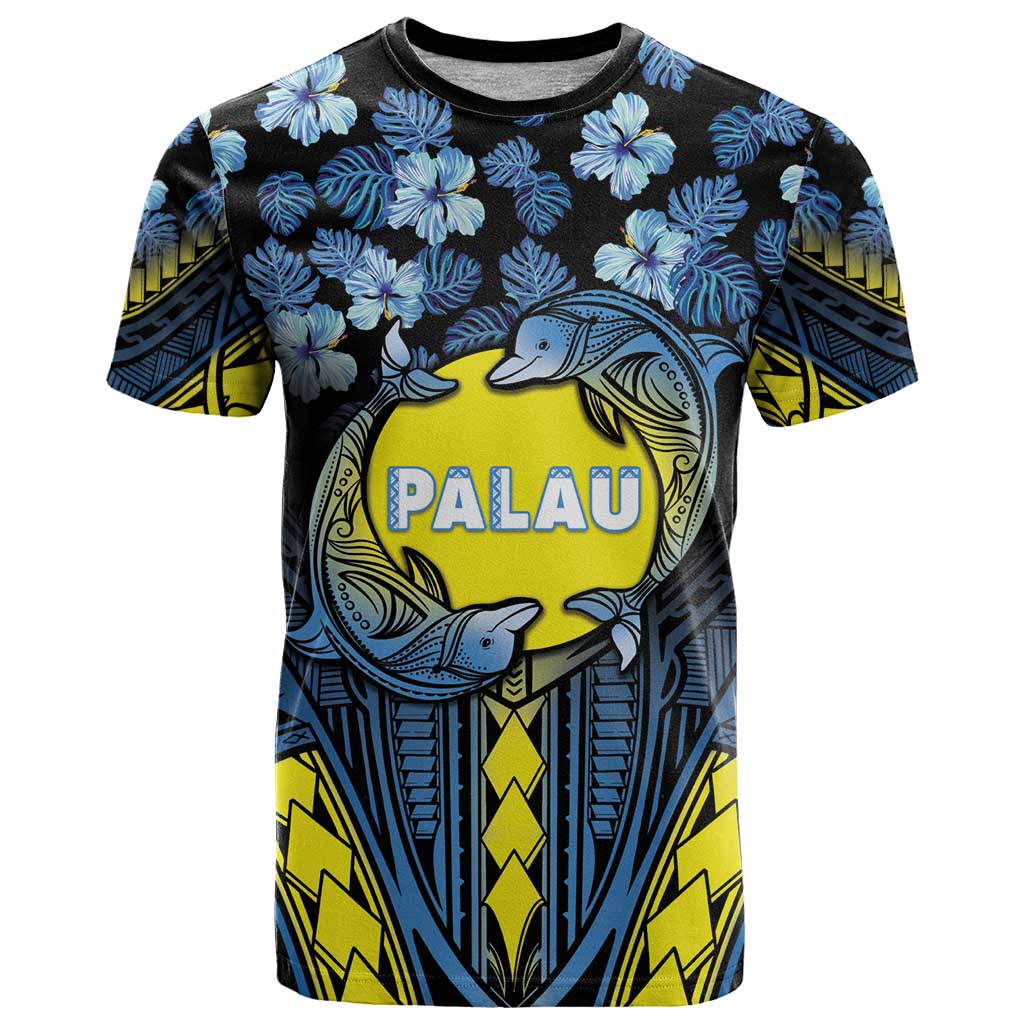 Personalised Palau T Shirt Polynesian Dolphin Tropical Hibiscus Style