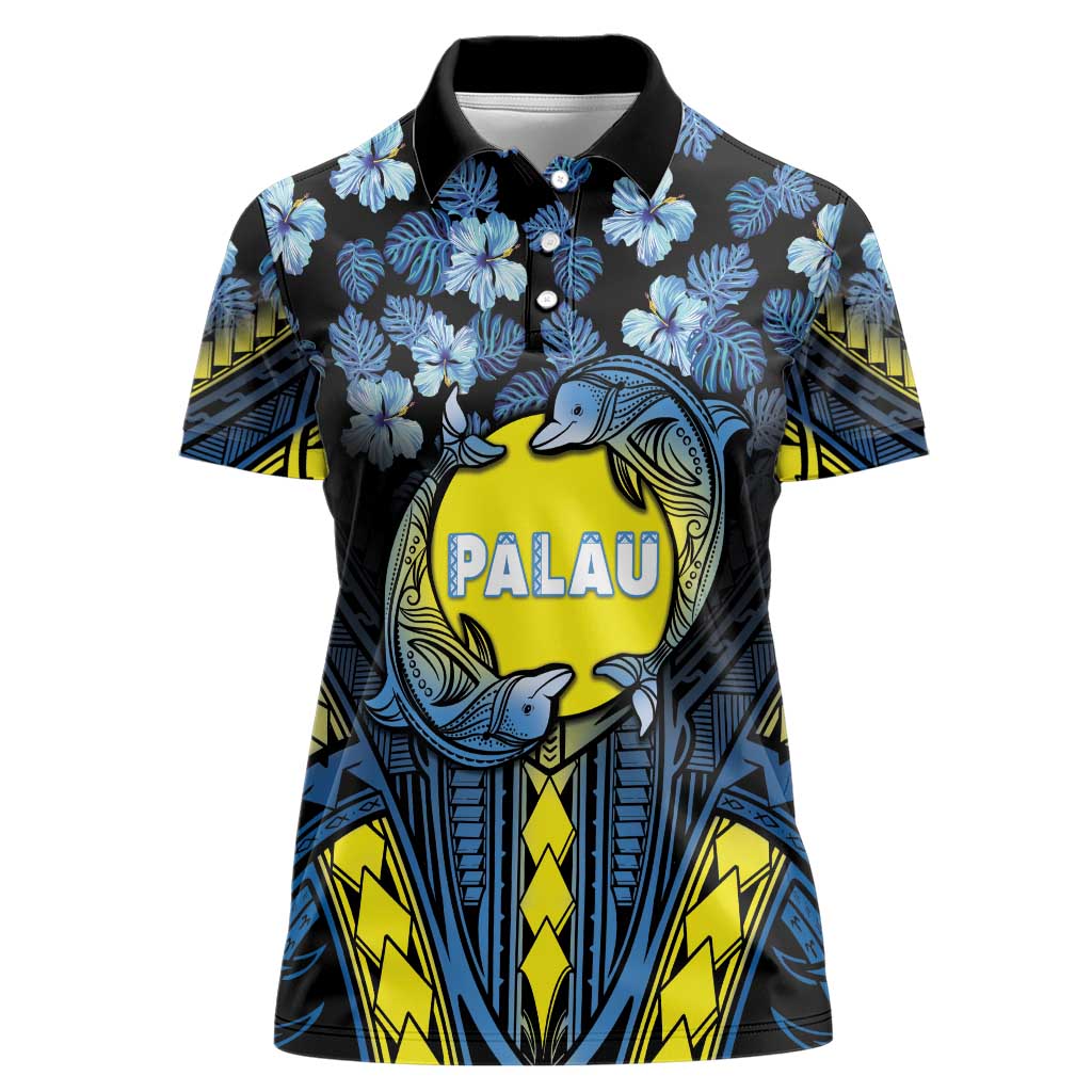 Personalised Palau Women Polo Shirt Polynesian Dolphin Tropical Hibiscus Style