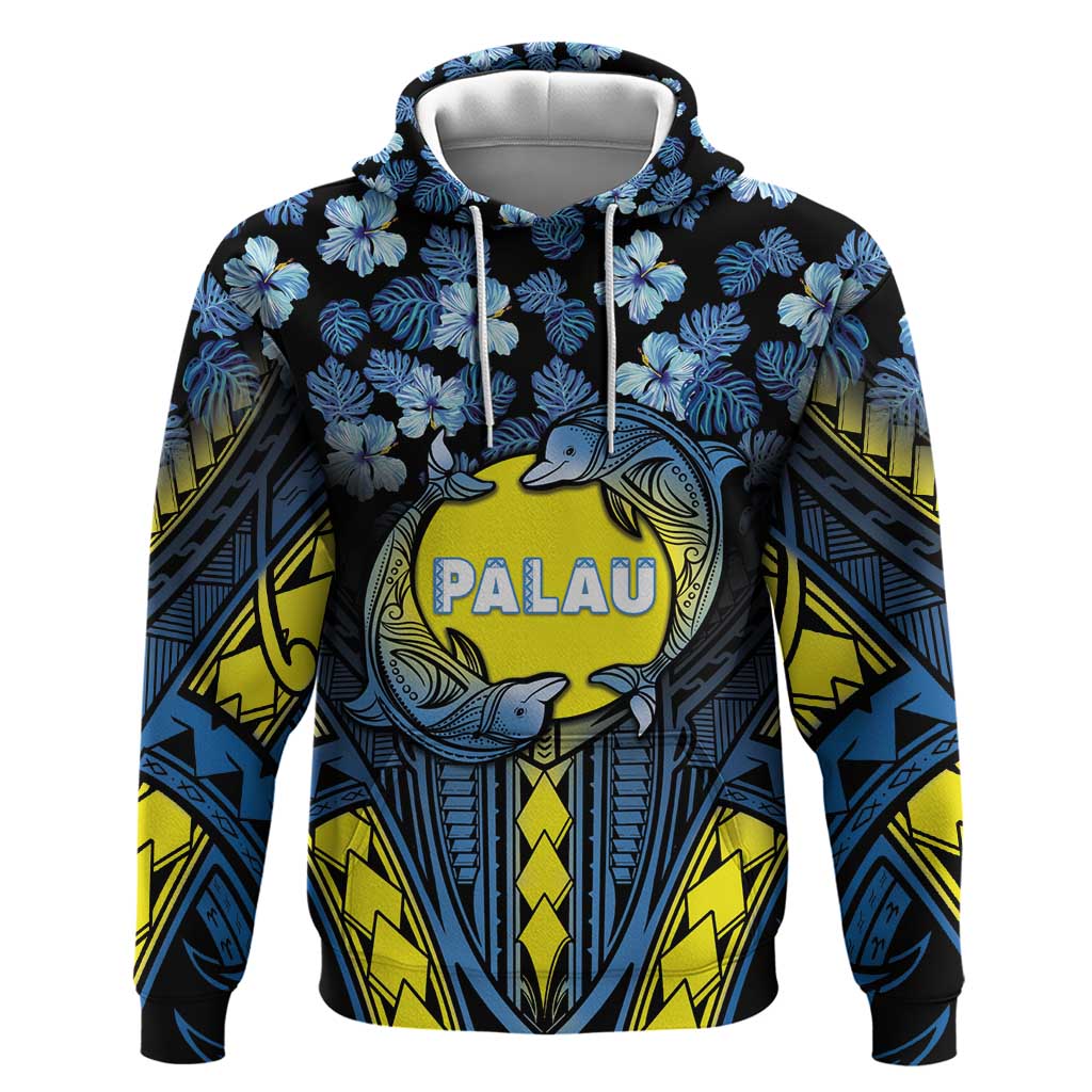 Personalised Palau Zip Hoodie Polynesian Dolphin Tropical Hibiscus Style
