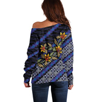 Indonesian Batik Motifs Pattern Floral Art Dark Blue Off Shoulder Sweater LT05 - Polynesian Pride