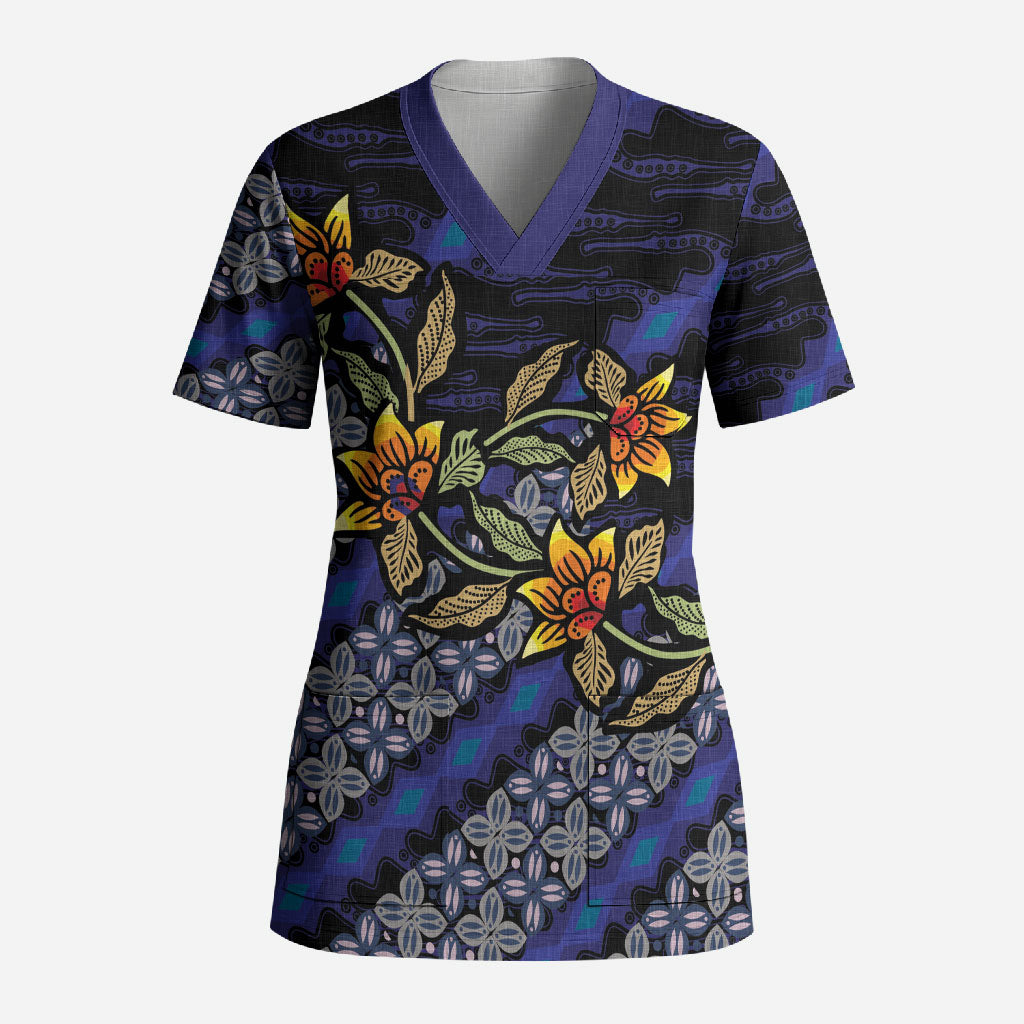Indonesian Batik Motifs Pattern Floral Art Dark Blue Scrub Top LT05 Adult Blue - Polynesian Pride