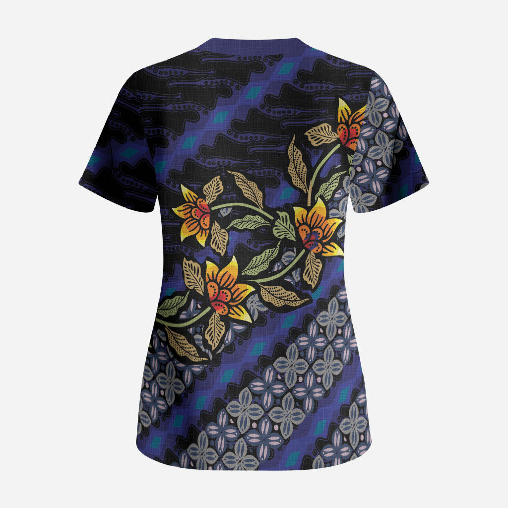 Indonesian Batik Motifs Pattern Floral Art Dark Blue Scrub Top LT05 - Polynesian Pride