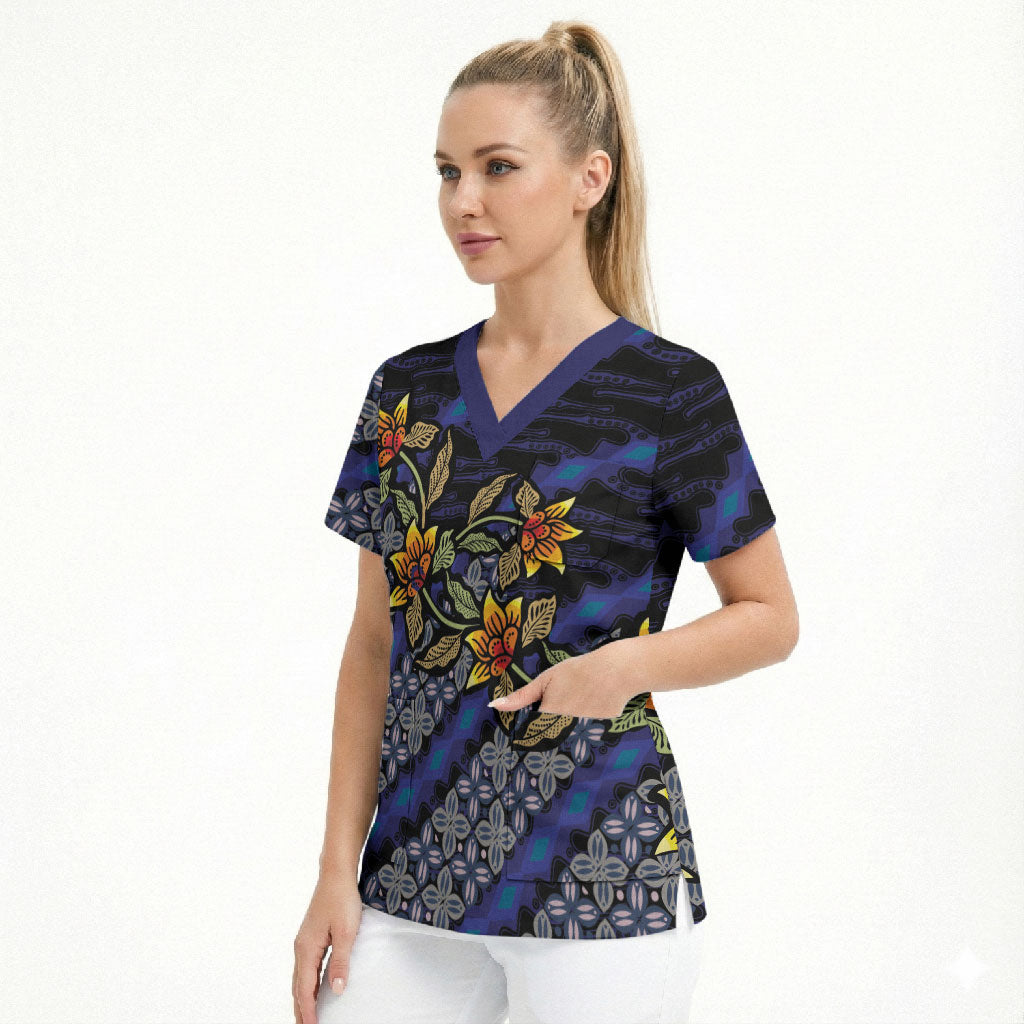 Indonesian Batik Motifs Pattern Floral Art Dark Blue Scrub Top LT05 - Polynesian Pride