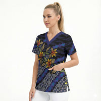 Indonesian Batik Motifs Pattern Floral Art Dark Blue Scrub Top LT05 - Polynesian Pride