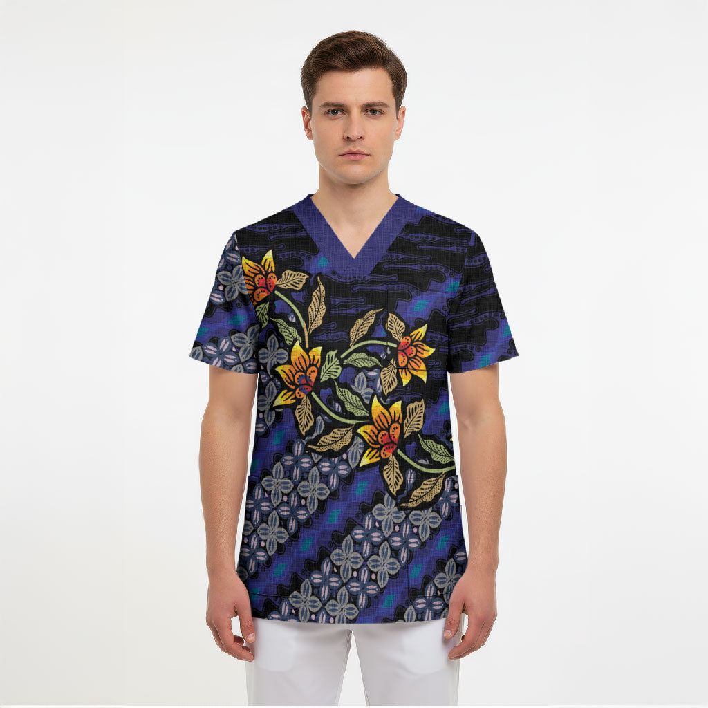 Indonesian Batik Motifs Pattern Floral Art Dark Blue Scrub Top LT05 - Polynesian Pride