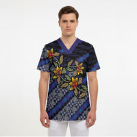 Indonesian Batik Motifs Pattern Floral Art Dark Blue Scrub Top LT05 - Polynesian Pride