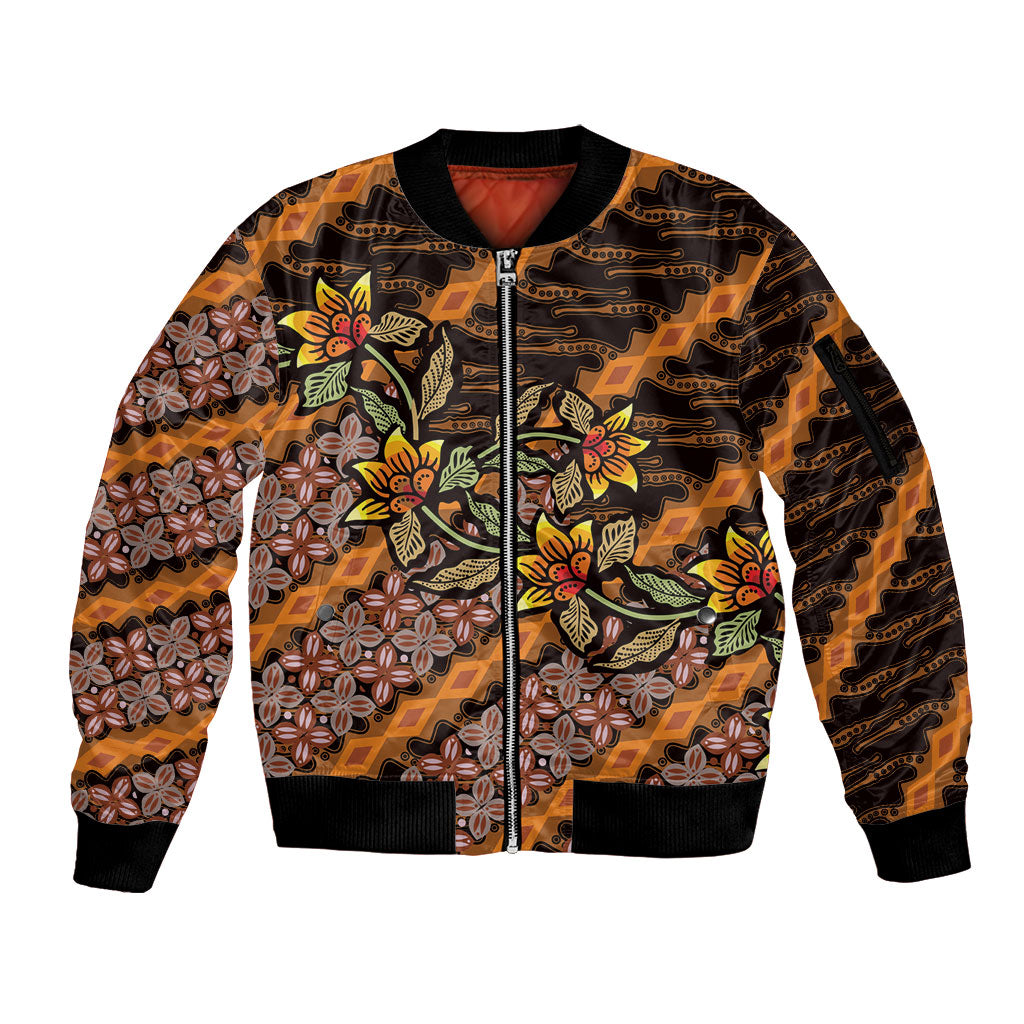 Indonesian Batik Motifs Pattern Floral Art Orange Sleeve Zip Bomber Jacket LT05 Unisex Orange - Polynesian Pride
