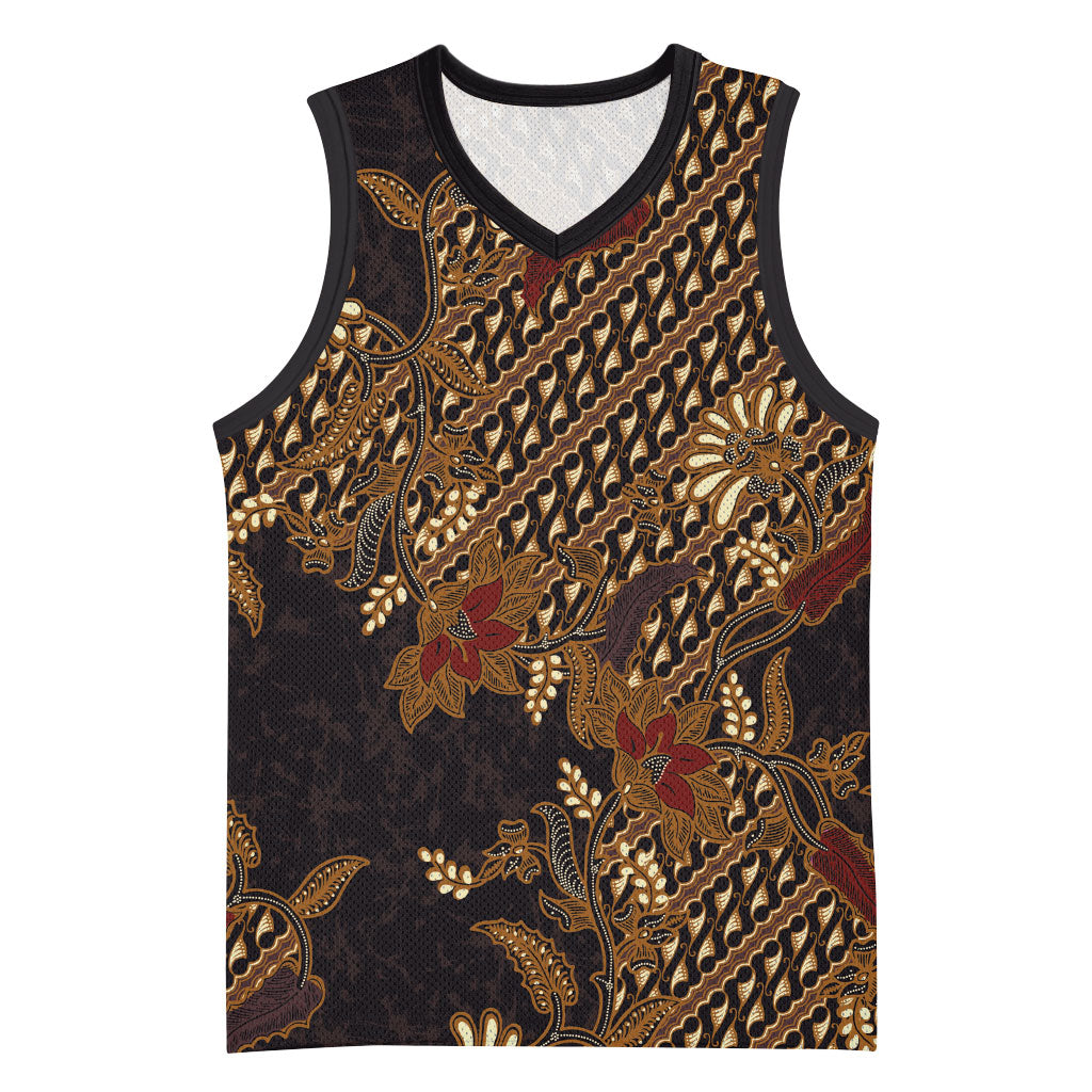 Indonesian Parang Batik Basketball Jersey Brown Gold Floral Pattern LT05 Unisex Brown - Polynesian Pride