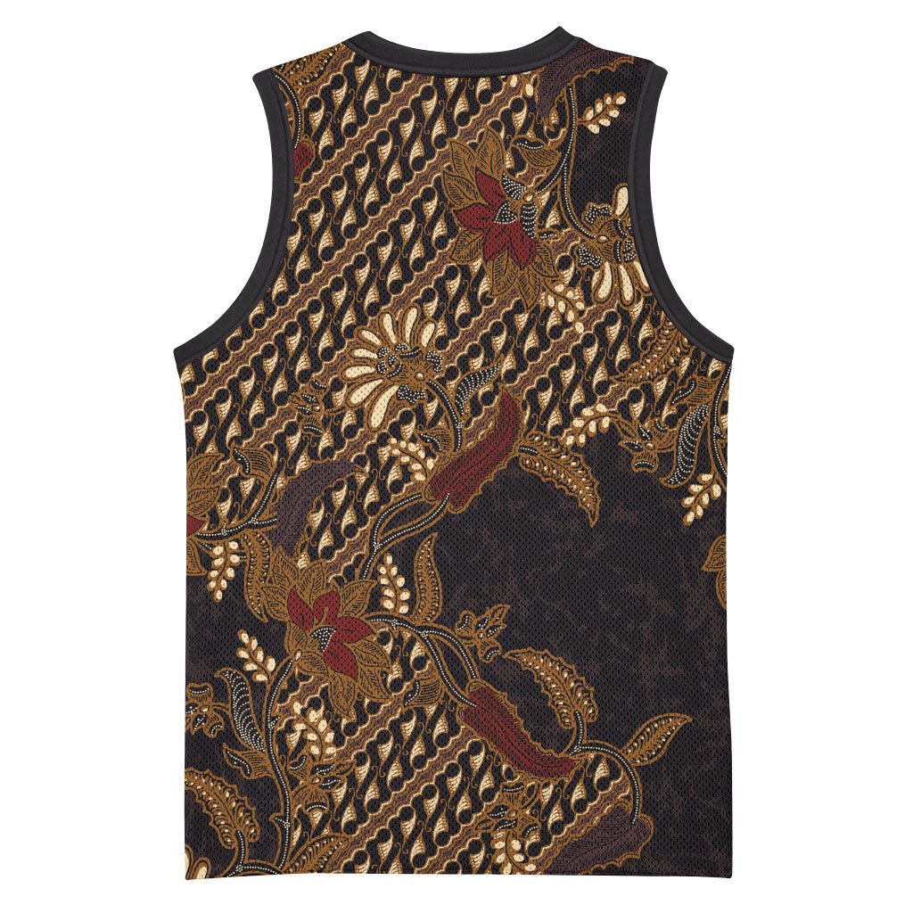 Indonesian Parang Batik Basketball Jersey Brown Gold Floral Pattern LT05 - Polynesian Pride