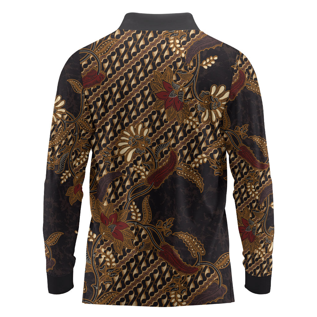 Indonesian Parang Batik Long Sleeve Polo Shirt Brown Gold Floral Pattern LT05 - Polynesian Pride