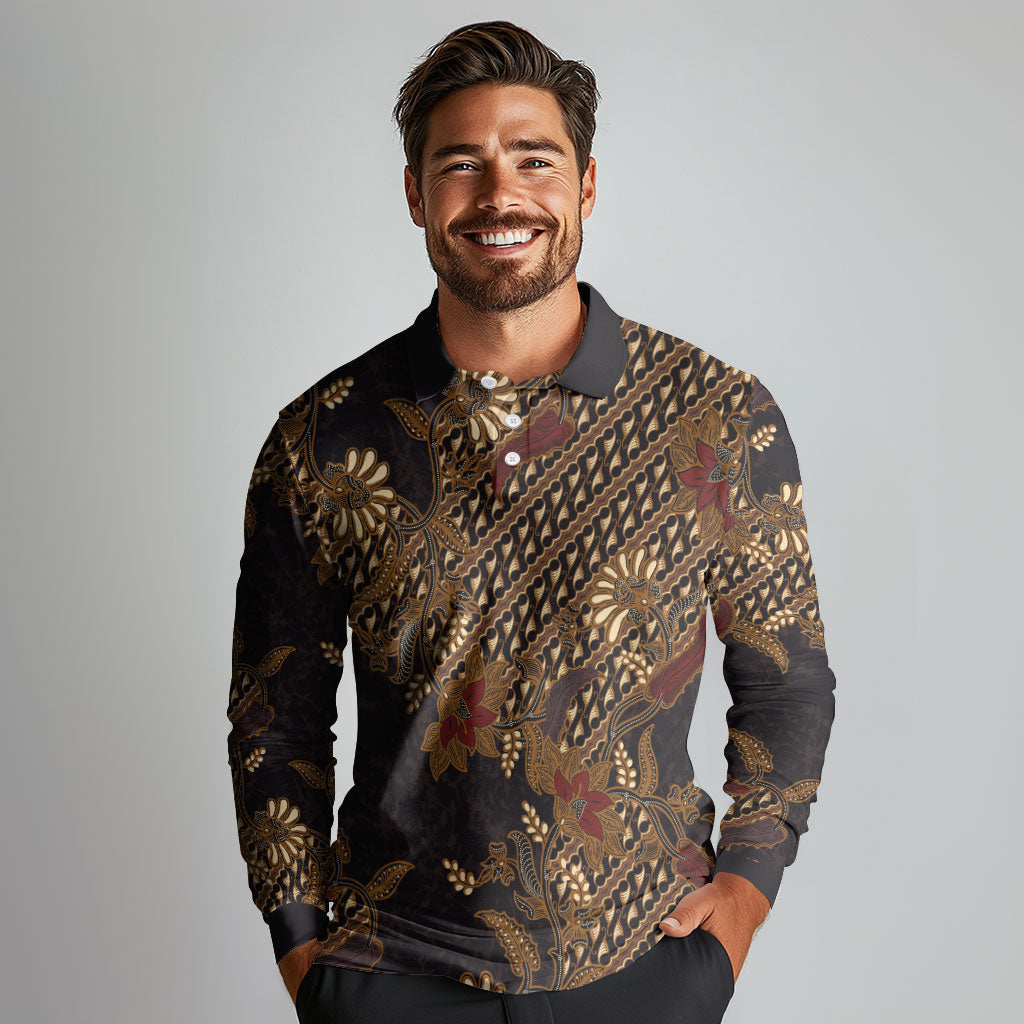 Indonesian Parang Batik Long Sleeve Polo Shirt Brown Gold Floral Pattern LT05 - Polynesian Pride