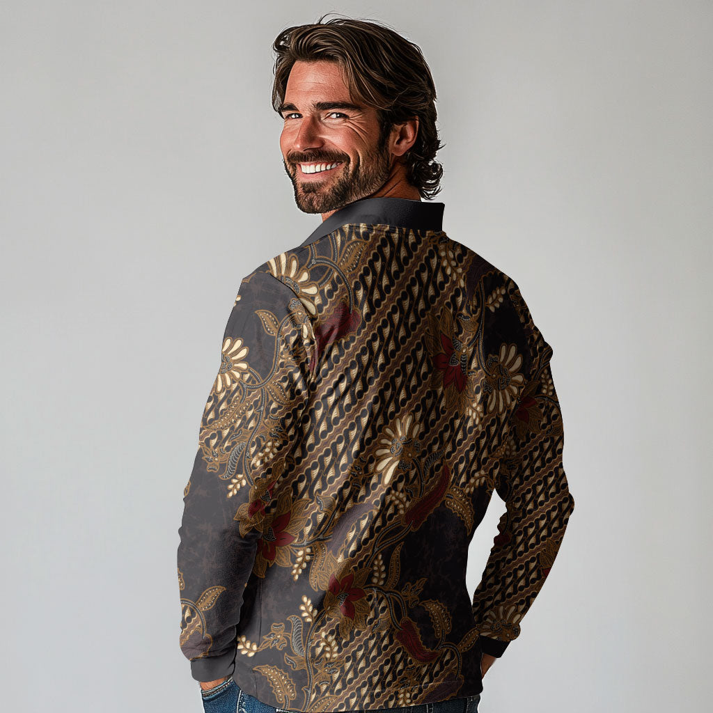 Indonesian Parang Batik Long Sleeve Polo Shirt Brown Gold Floral Pattern LT05 - Polynesian Pride