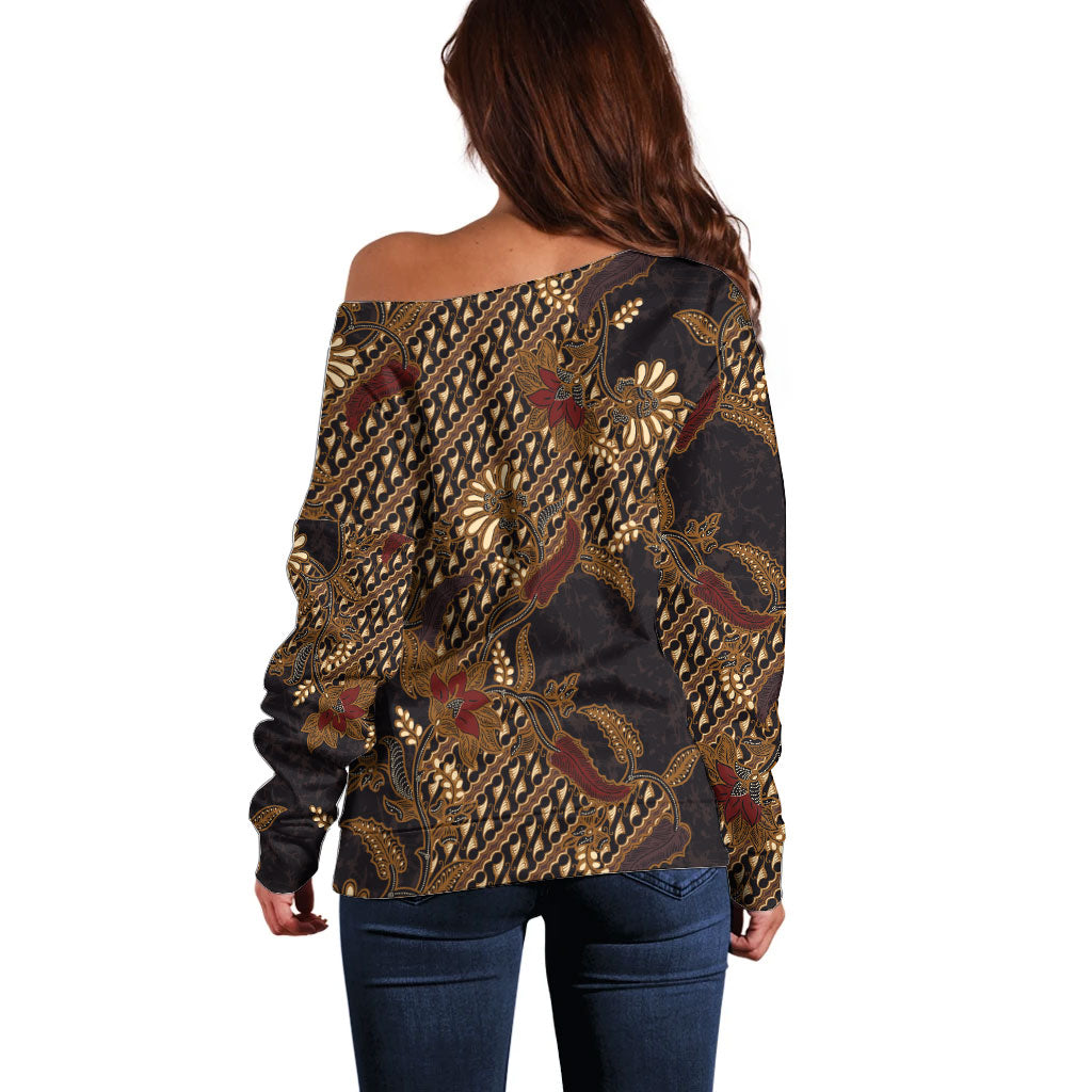 Indonesian Parang Batik Off Shoulder Sweater Brown Gold Floral Pattern LT05 - Polynesian Pride