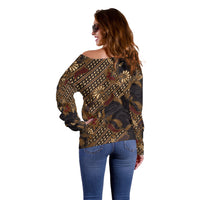 Indonesian Parang Batik Off Shoulder Sweater Brown Gold Floral Pattern LT05 - Polynesian Pride