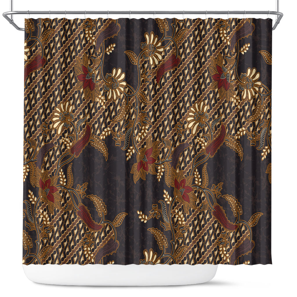 Indonesian Parang Batik Shower Curtain Brown Gold Floral Pattern LT05 Brown - Polynesian Pride