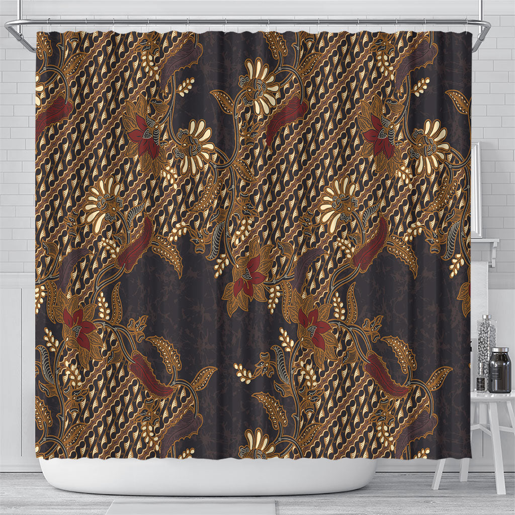Indonesian Parang Batik Shower Curtain Brown Gold Floral Pattern LT05 - Polynesian Pride