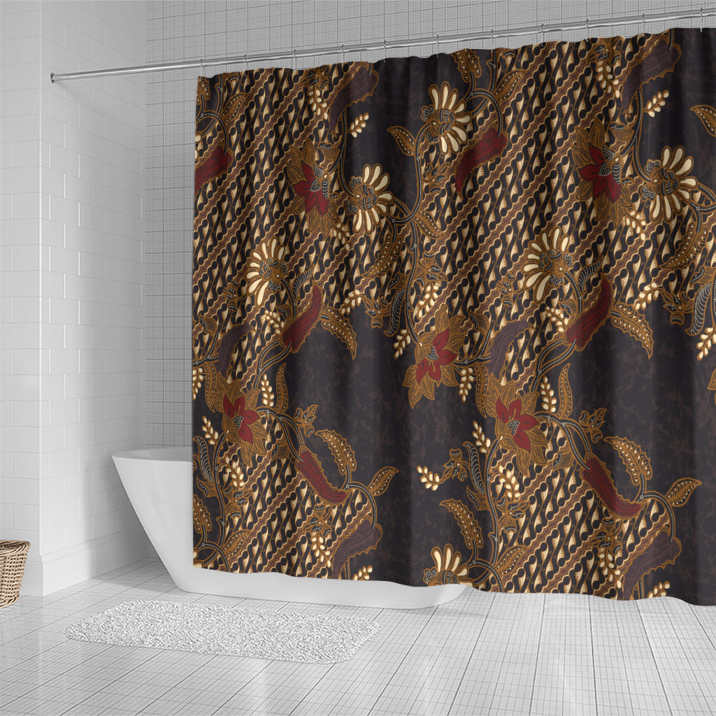 Indonesian Parang Batik Shower Curtain Brown Gold Floral Pattern LT05 - Polynesian Pride