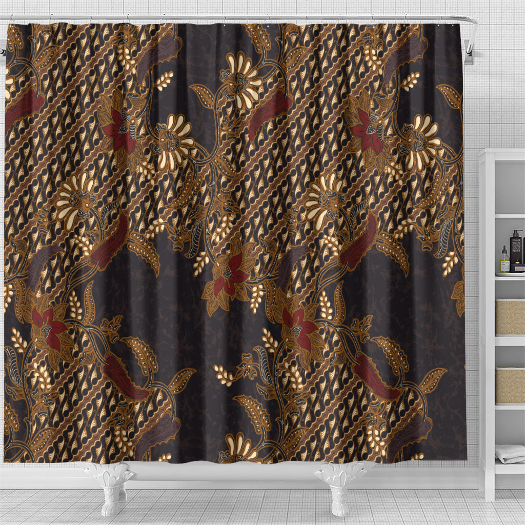Indonesian Parang Batik Shower Curtain Brown Gold Floral Pattern LT05 - Polynesian Pride