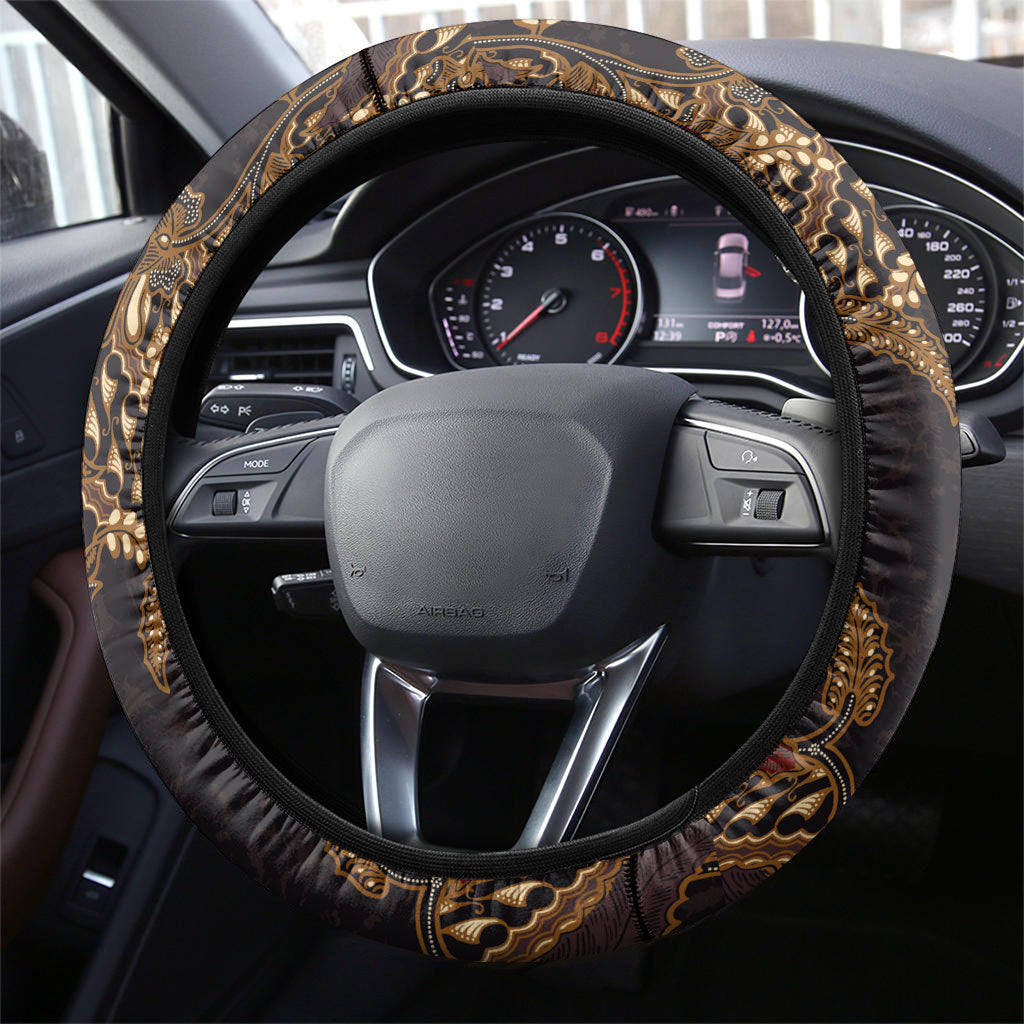 Indonesian Parang Batik Steering Wheel Cover Brown Gold Floral Pattern LT05 - Polynesian Pride