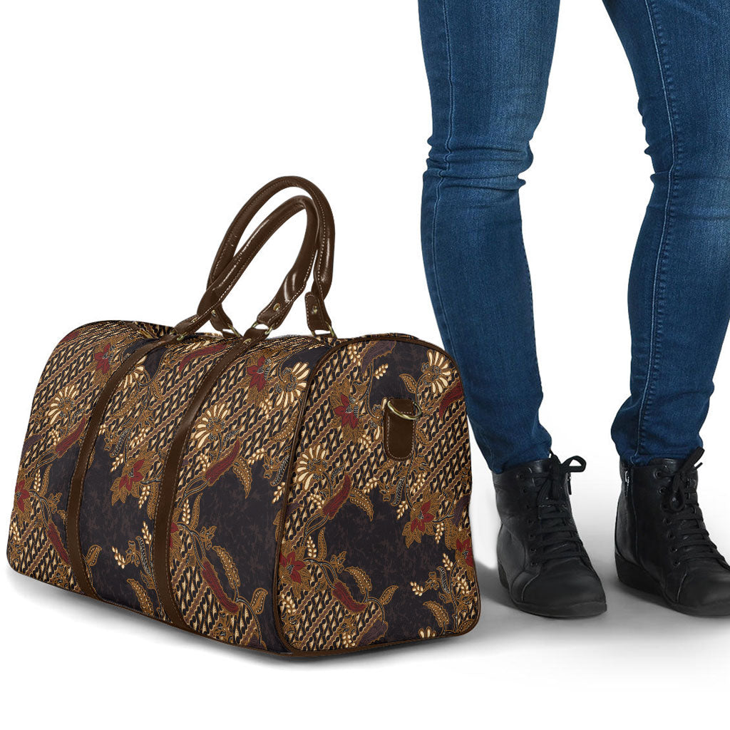 Indonesian Parang Batik Travel Bag Brown Gold Floral Pattern LT05 - Polynesian Pride