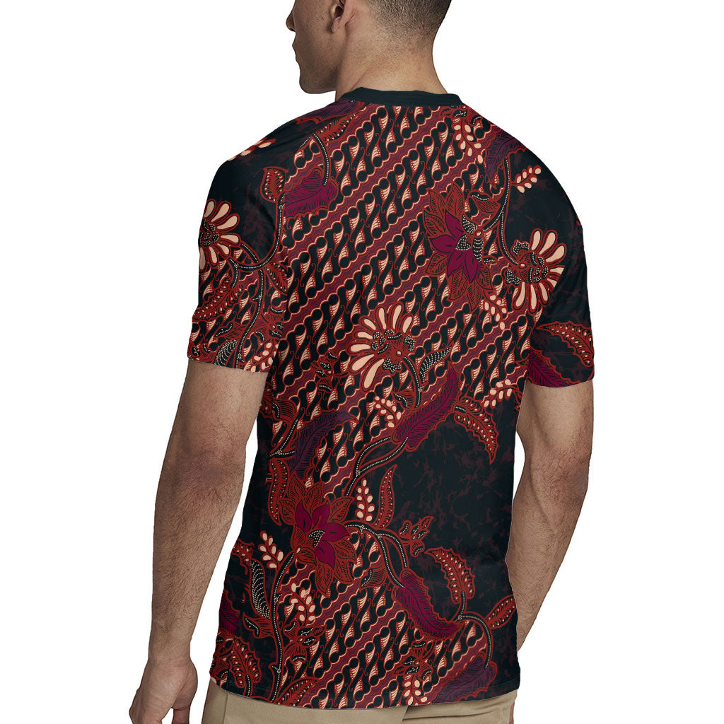Indonesian Parang Batik Rugby Jersey Red Floral Pattern LT05 - Polynesian Pride