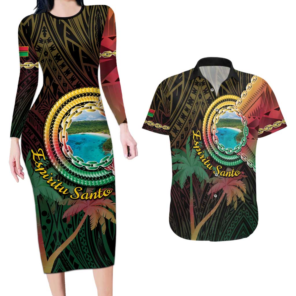 Vanuatu Espiritu Santo Island Couples Matching Long Sleeve Bodycon Dress and Hawaiian Shirt Beach Landscape