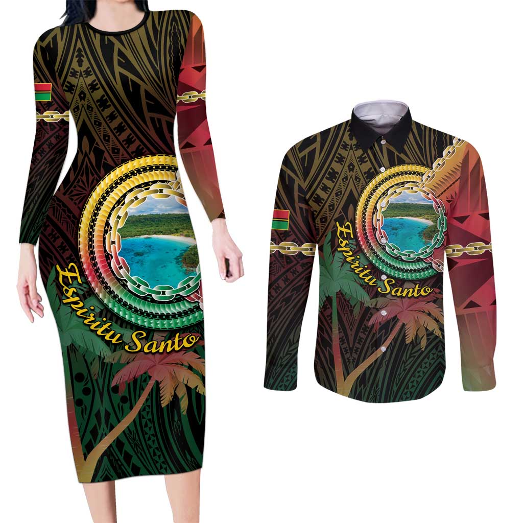 Vanuatu Espiritu Santo Island Couples Matching Long Sleeve Bodycon Dress and Long Sleeve Button Shirt Beach Landscape LT05 Black - Polynesian Pride