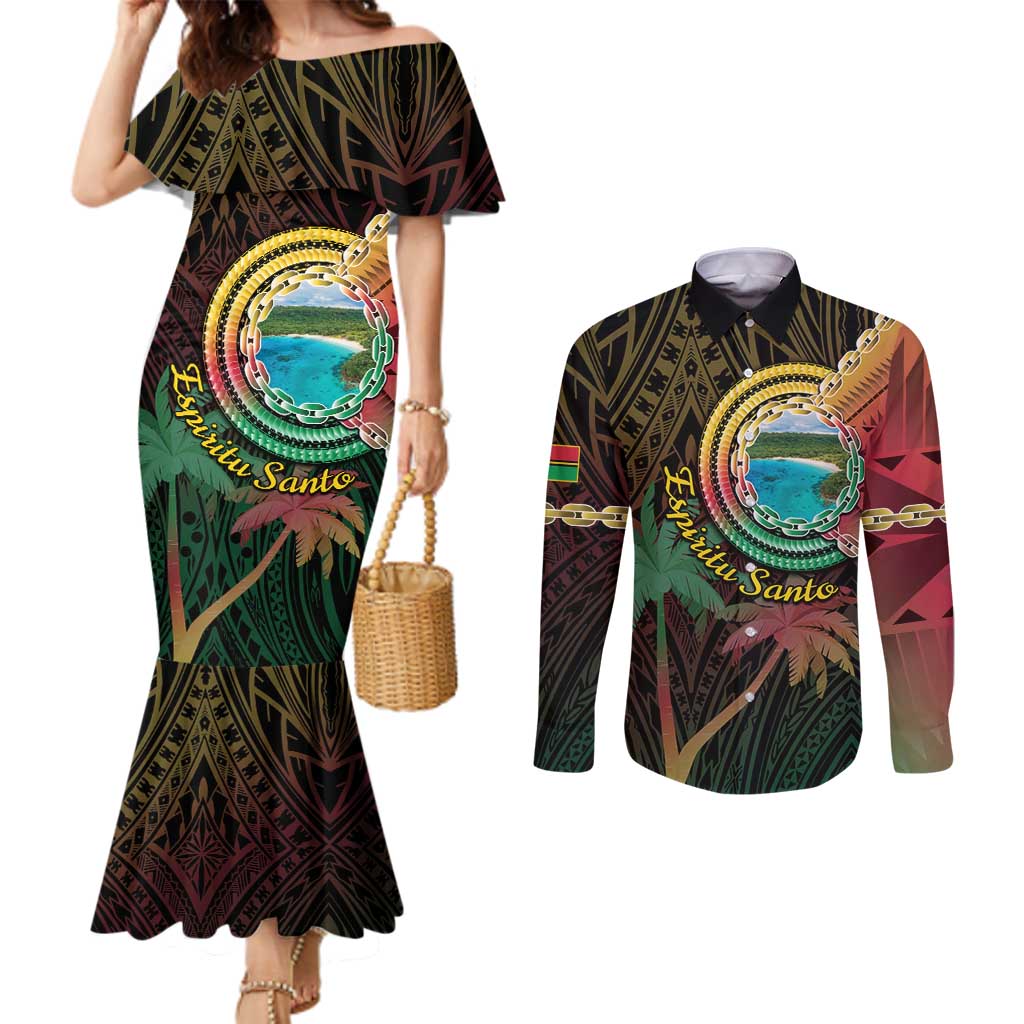 Vanuatu Espiritu Santo Island Couples Matching Mermaid Dress and Long Sleeve Button Shirt Beach Landscape LT05 Black - Polynesian Pride