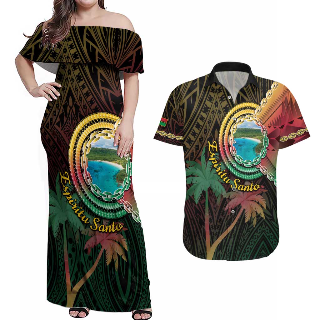 Vanuatu Espiritu Santo Island Couples Matching Off Shoulder Maxi Dress and Hawaiian Shirt Beach Landscape