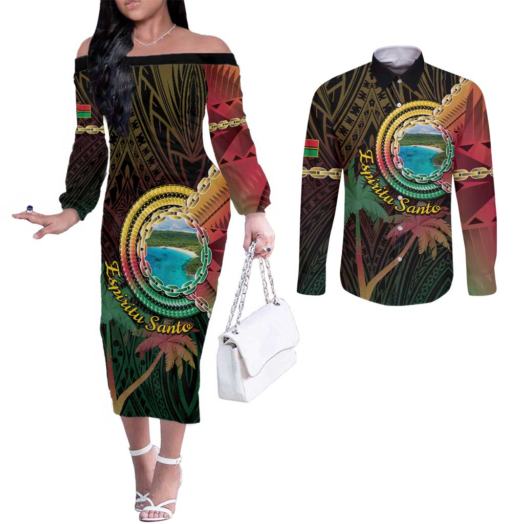 Vanuatu Espiritu Santo Island Couples Matching Off The Shoulder Long Sleeve Dress and Long Sleeve Button Shirt Beach Landscape LT05 Black - Polynesian Pride