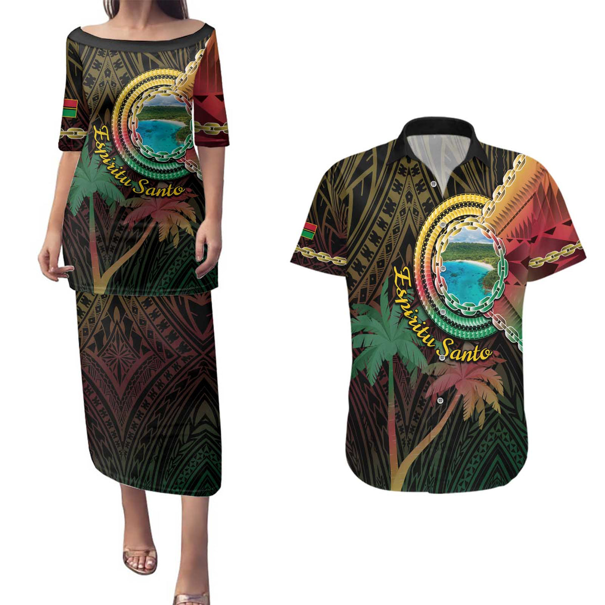 Vanuatu Espiritu Santo Island Couples Matching Puletasi and Hawaiian Shirt Beach Landscape LT05 Black - Polynesian Pride