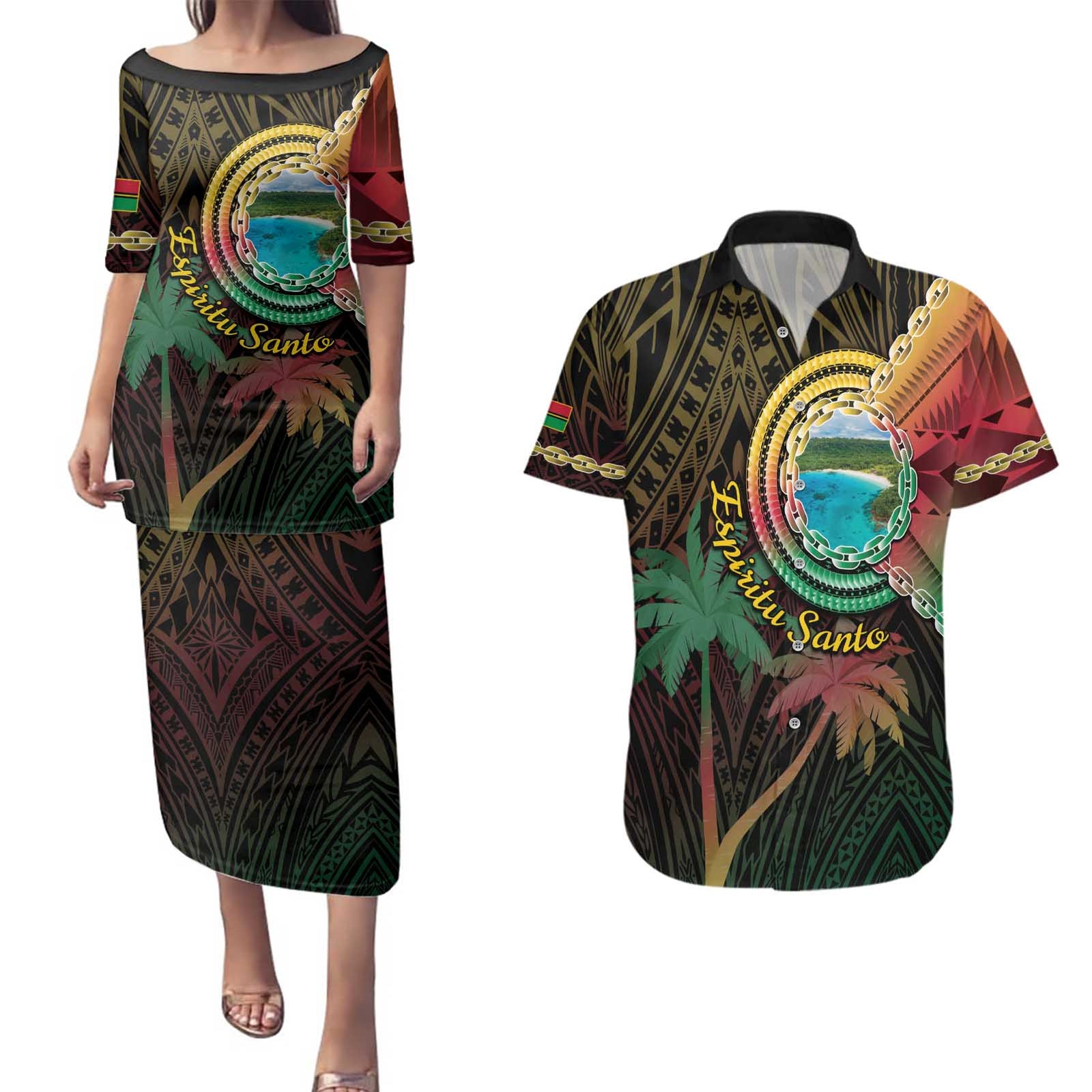 Vanuatu Espiritu Santo Island Couples Matching Puletasi and Hawaiian Shirt Beach Landscape LT05 Black - Polynesian Pride