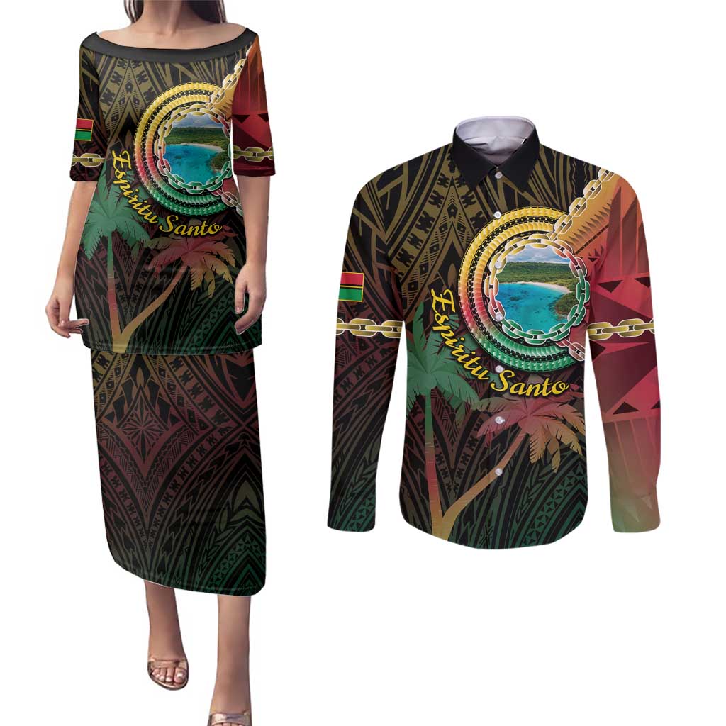 Vanuatu Espiritu Santo Island Couples Matching Puletasi and Long Sleeve Button Shirt Beach Landscape LT05 Black - Polynesian Pride