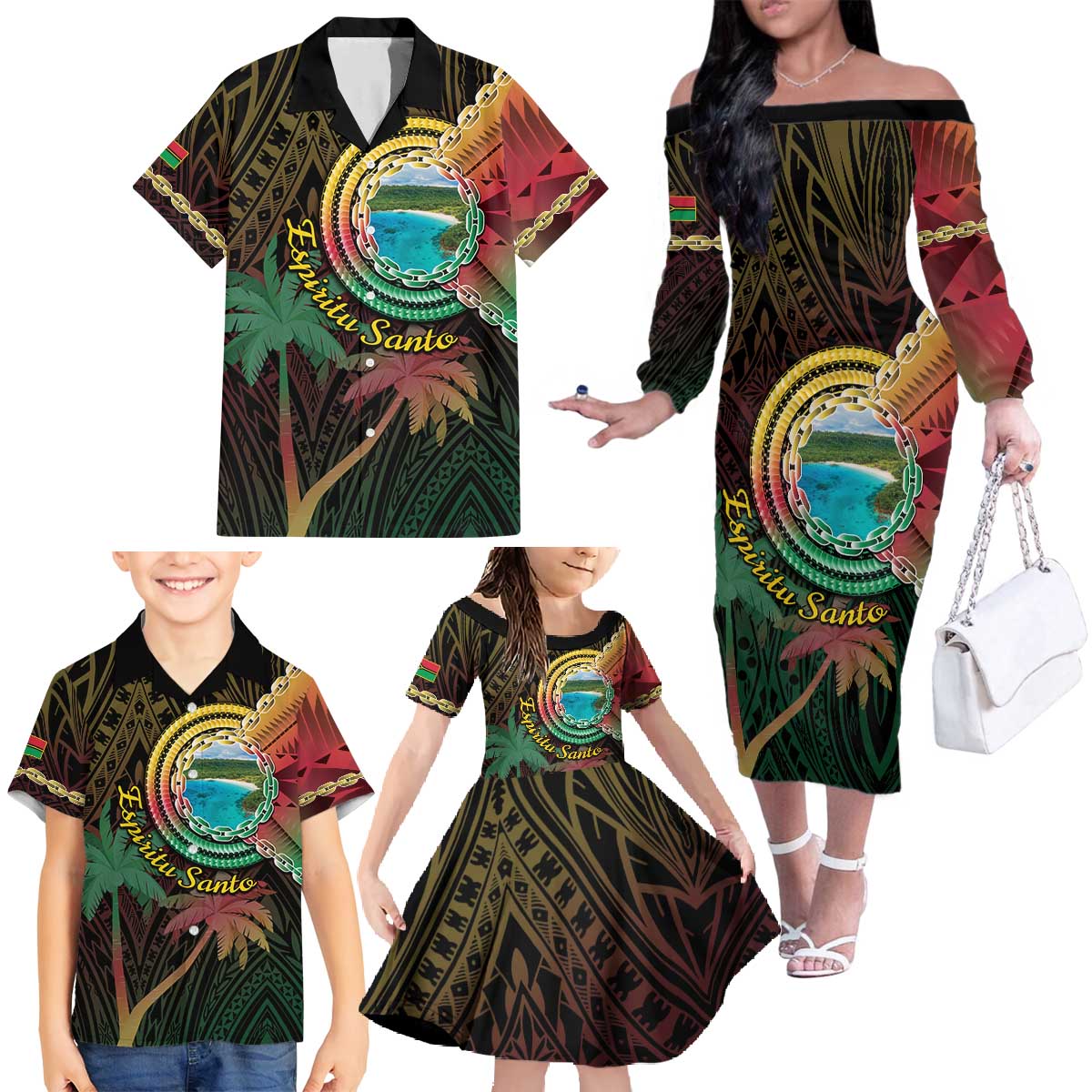 Vanuatu Espiritu Santo Island Family Matching Off The Shoulder Long Sleeve Dress and Hawaiian Shirt Beach Landscape LT05 - Polynesian Pride