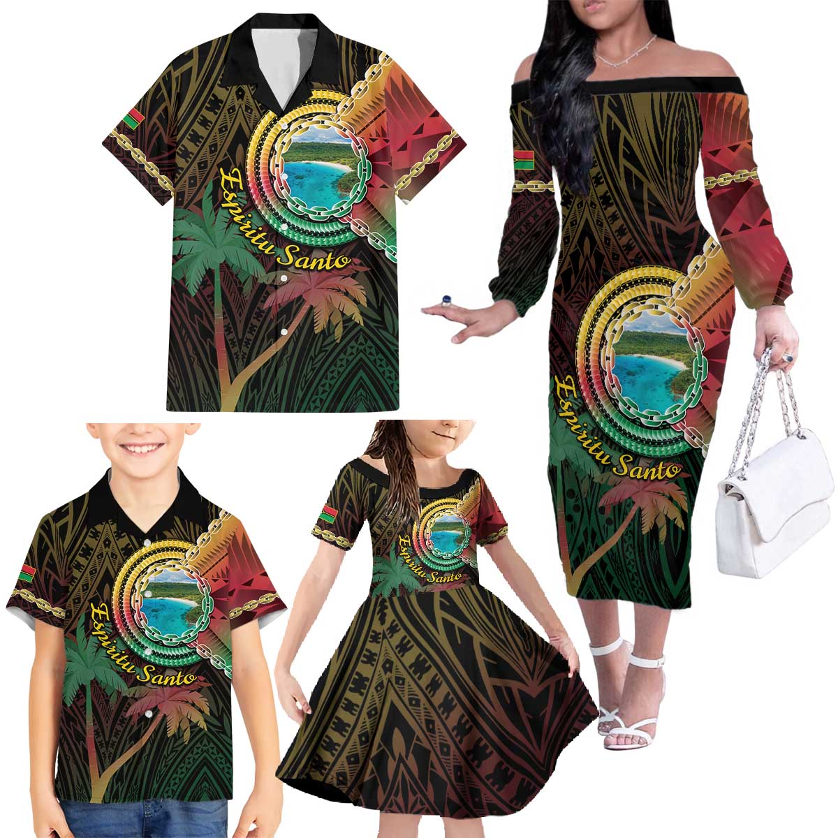 Vanuatu Espiritu Santo Island Family Matching Off The Shoulder Long Sleeve Dress and Hawaiian Shirt Beach Landscape