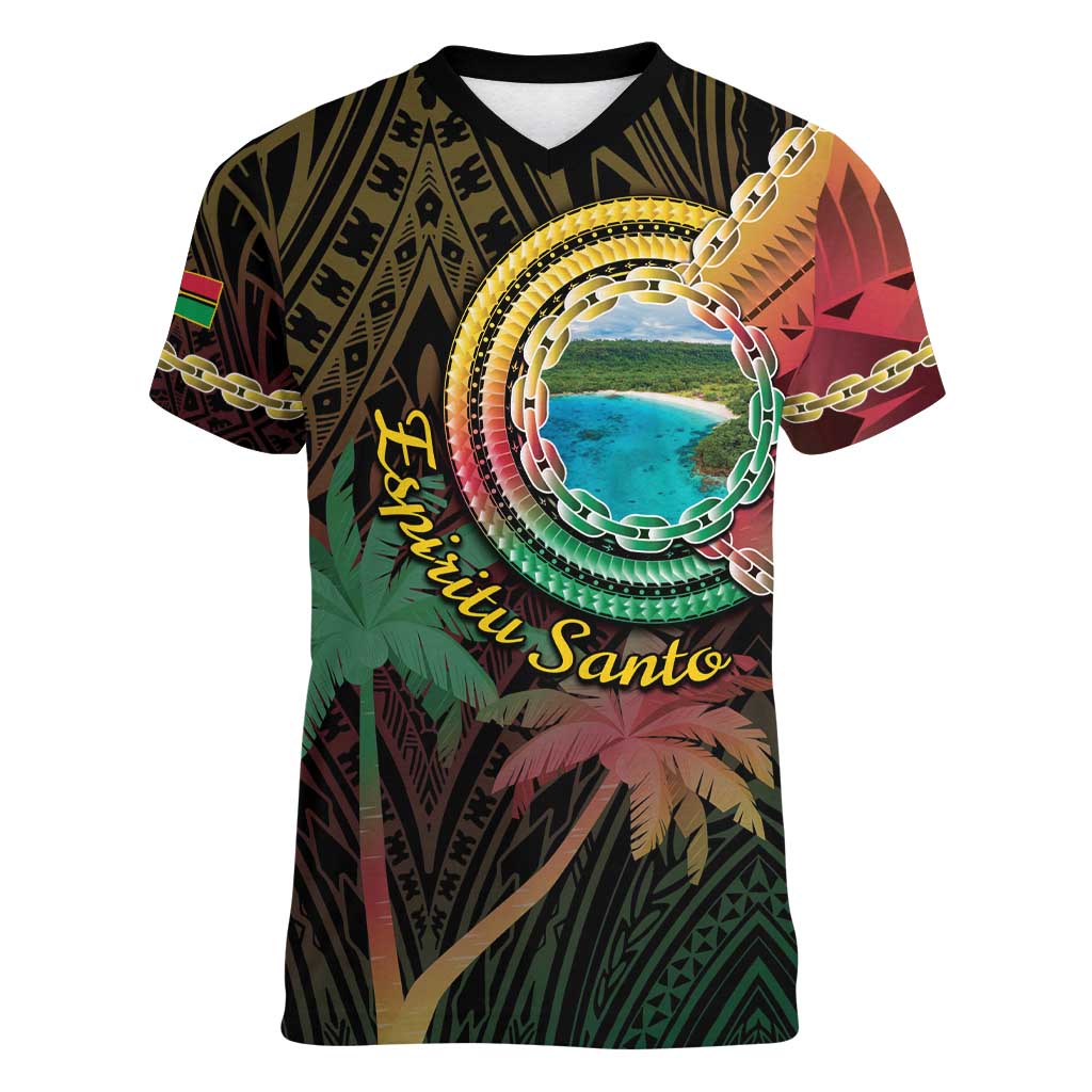 Vanuatu Espiritu Santo Island Women V-Neck T-Shirt - Beach Landscape LT05 Female Black - Polynesian Pride
