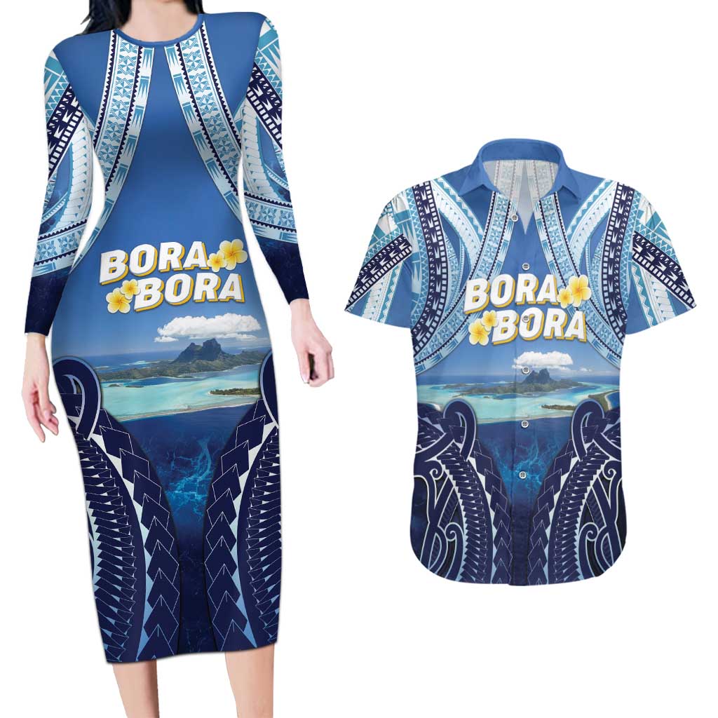 Personalised French Polynesia Bora Bora Couples Matching Long Sleeve Bodycon Dress and Hawaiian Shirt Beach Landscape Polynesian Style