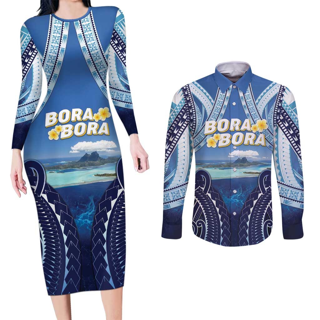 Personalised French Polynesia Bora Bora Couples Matching Long Sleeve Bodycon Dress and Long Sleeve Button Shirt Beach Landscape Polynesian Style