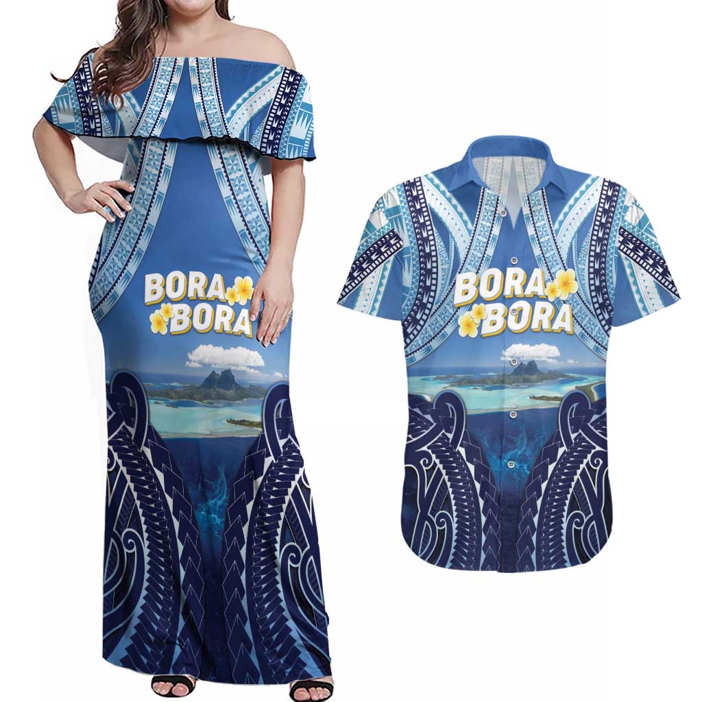 Personalised French Polynesia Bora Bora Couples Matching Off Shoulder Maxi Dress and Hawaiian Shirt Beach Landscape Polynesian Style