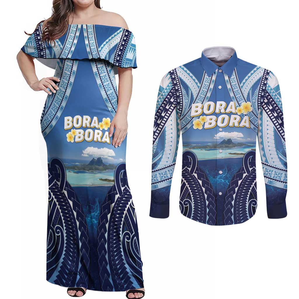 Personalised French Polynesia Bora Bora Couples Matching Off Shoulder Maxi Dress and Long Sleeve Button Shirt Beach Landscape Polynesian Style LT05 Blue - Polynesian Pride