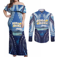Personalised French Polynesia Bora Bora Couples Matching Off Shoulder Maxi Dress and Long Sleeve Button Shirt Beach Landscape Polynesian Style LT05 Blue - Polynesian Pride